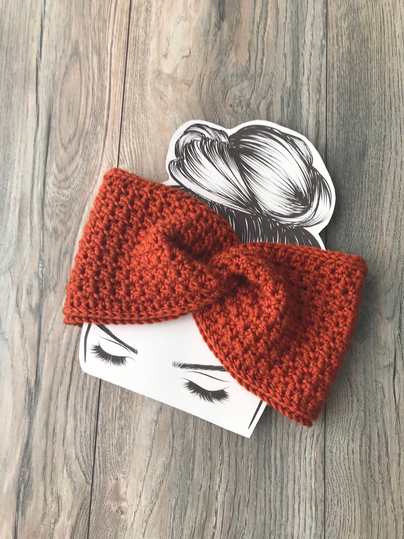 Orange handmade crochet ear warmer, Pumpkin spice fall headband, Harvest orange twisted head wrap, Fall Messy Bun Hat, birthday present image 1