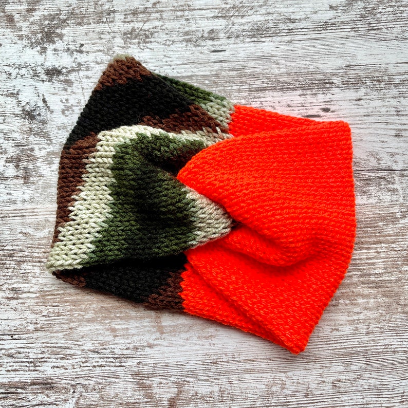 Camouflage and blaze orange twisted knit headband, knit earwarmer, winter headwear, womens winter hats image 3