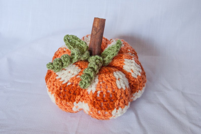 Buffalo Plaid Crochet Pumpkin, orange and white fall decor, Rustic fall pumpkin, Farmhouse pumpkin, crochet rustic pumpkin image 2