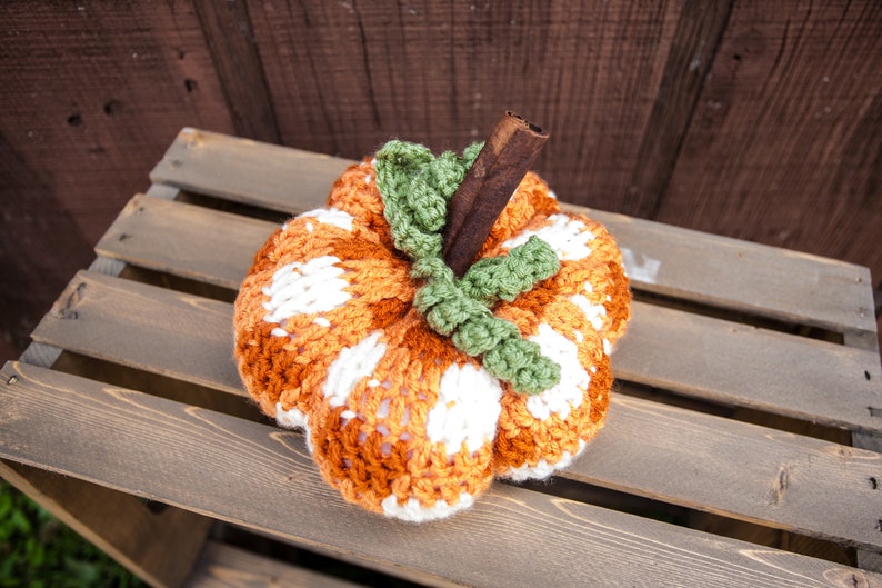Buffalo Plaid Crochet Pumpkin, orange and white fall decor, Rustic fall pumpkin, Farmhouse pumpkin, crochet rustic pumpkin image 3