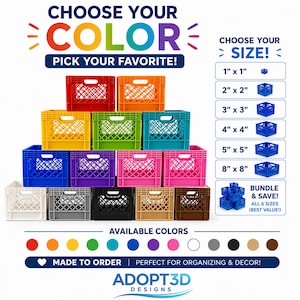 May include: A display of colorful plastic milk crates in various sizes and colors, with text that reads "CHOOSE YOUR COLOR" and "CHOOSE YOUR SIZE". The available colors are red, orange, yellow, green, blue, purple, pink, white, gray, black, tan, and brown.