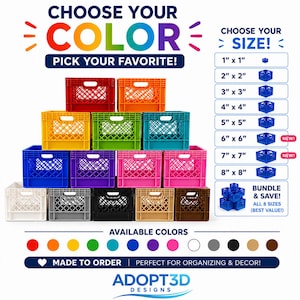 May include: A selection of colorful plastic crates in various sizes, with the text "CHOOSE YOUR COLOR" and "CHOOSE YOUR SIZE". Available colors include red, orange, yellow, green, blue, purple, pink, white, gray, black, tan, and brown. Sizes range from 1" x 1" to 8" x 8".