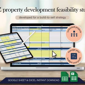May include: A laptop and tablet displaying a spreadsheet with the text "NZ property development feasibility study." The image includes the text "developed for a build-to-sell strategy" and "GOOGLE SHEET & EXCEL INSTANT DOWNLOAD."