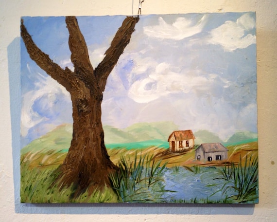 Great Primitive Vintage Folk Art Landscape Tree Cabins Etsy
