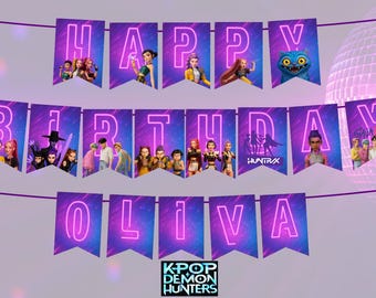 KPop Demon Hunter Birthday Banner Printable Editable Bunting Huntrix Party Decorations Huntrix Party PNG Demon Hunter Decor Instant Download