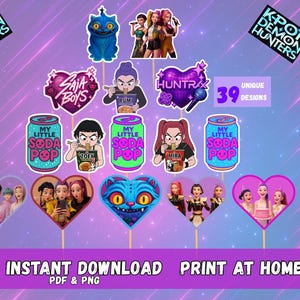 Modèle imprimable de décorations de fête KPop Demon Hunters Huntrix Cupcake Topper KPop Huntrix Saja Boys Cupcake Toppers Accessoires Décoration de fête Kpop