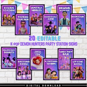 May include: A collection of 12 framed signs with various K-Pop Demon Hunters party station names, including "Ramen Station," "Huntrix Nibbles," and "Dance Battle Zone." The signs have a purple and black color scheme with cartoon illustrations.
