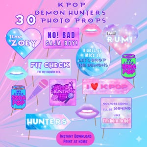May include: A collection of 30 KPOP Demon Hunters photo props in a vibrant, pastel color scheme. The props include heart-shaped signs with text like "Team Zoey" and "Team Rumi", speech bubbles, and lip graphics. Text includes "Fit Check" and "I Love KPOP".