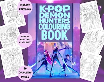 Demon Hunters K-pop målarbilder | 40 K-pop målarböcker för barn | Demon Hunters karaktärer | målarbilder för barn | Digital nedladdning