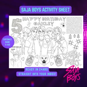 May include: A black and white activity sheet featuring the text "SAJA BOYS ACTIVITY SHEET" and "HAPPY BIRTHDAY OAKLEY". The sheet includes a maze, word search, and illustrations of cartoon characters. The text "CUSTOMIZE NAME & AGE" is also present.