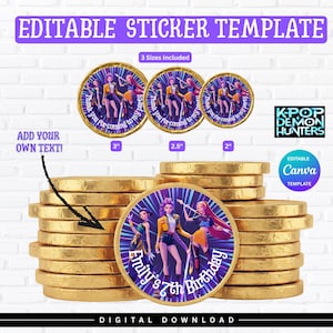 May include: Circular stickers with a gold foil edge, featuring a K-Pop group illustration. The stickers are available in 3", 2.5", and 2" sizes. The design includes the text "Emily's 7th Birthday" and "Thank you for coming to my party". The words "Editable Sticker Template" are at the top.