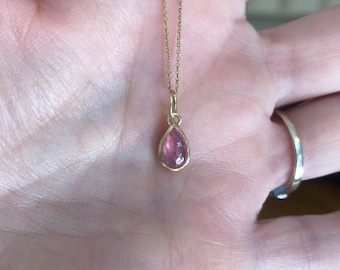 Pink Teardrop Tourmaline Handmade Bezel 18k & 14k chain