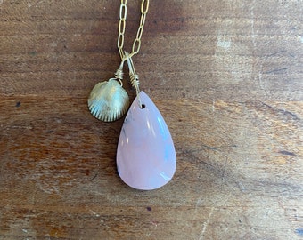Pink Australian Opal Necklace with Gold Filled Paper Clip Chain - Sea Collection
