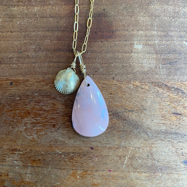 Pink Australian Opal Necklace with Gold Filled Paper Clip Chain - Sea Collection
