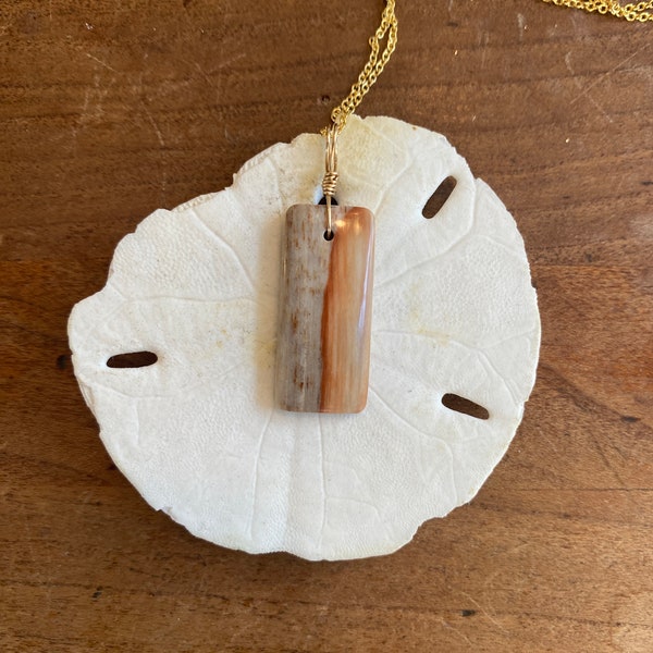 Peach Petrified Wood Pendant with Gold Filled Cable Chain - Sea Collection