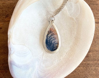 Dendritic Agate with Coral Look - Handmade in Sterling Silver Setting & Chain