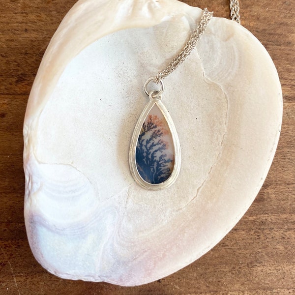 Dendritic Agate with Coral Look - Handmade in Sterling Silver Setting & Chain