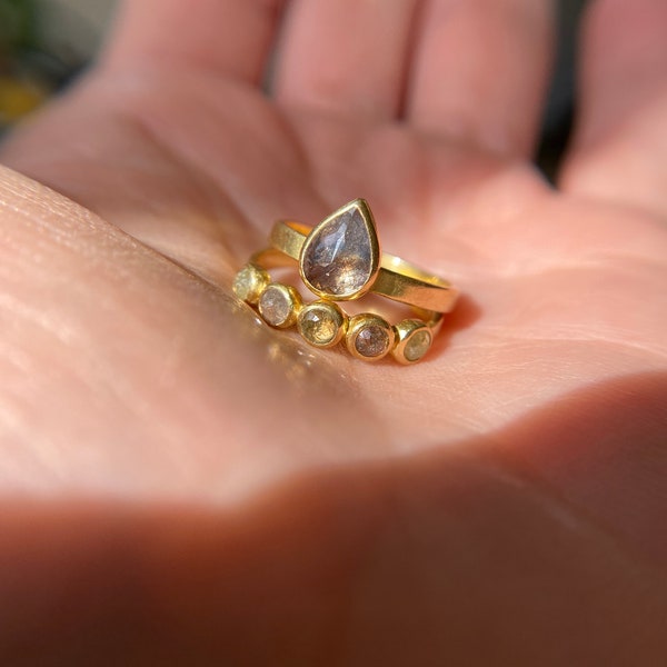 Rose Cut Teardrop Natural Icy Diamond Ring Handmade in 18k Gold