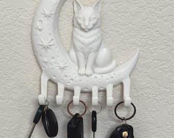 Witchy Cat Key Holder | Celestial Crescent Moon Key Rack | Gothic Entryway Decor | 6 Hooks