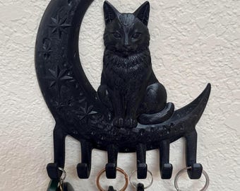 Gothic Cat Key Holder | Black Crescent Moon Key Rack | Witchy Entryway Decor | 6 Hooks
