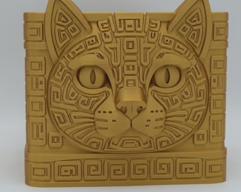 Mayan Revival Cat Desk Organizer | 4 Compartment Pen Holder | Aztec Office Decor