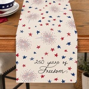 May include: A cream-colored table runner featuring a repeating pattern of red and blue stars and firework bursts. The text 250 years of Freedom is printed in black script near the bottom edge of the fabric, which is laid flat on a wooden table.
