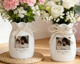 Personalized Vintage Photo Ribbon Tie Ceramic Vase, Custom Picture Flower Vase, Unique Mother's Day Gift Flower Vase, Birthday Gifts