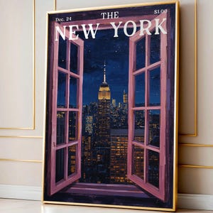 Open Window New York Cityscape Print, Whimsical Xmas NYC Art, Trendy Horizontal Print Travel Decor Skyline Art, NYC Wall Art Xmas Home Decor