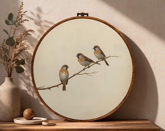 Lámina redonda vintage con pájaros en una rama, decoración rústica de pared enmarcada.