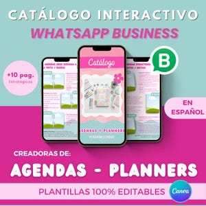 Könnte beinhalten: Werbung für interaktive Kataloge für WhatsApp Business. Das Bild zeigt drei Smartphones, die Katalogseiten anzeigen, mit Text auf Spanisch. Das Design verwendet Rosa- und Türkistöne, wobei die Worte "Agendas - Planners" prominent dargestellt werden.