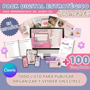 Puede incluir: Un pack de marketing digital para emprendedoras del crochet. La imagen muestra una pantalla de ordenador, teléfonos móviles y materiales impresos con el texto "PACK DIGITAL ESTRATÉGICO" y "Crochet". Incluye plantillas, un ebook y un calendario.