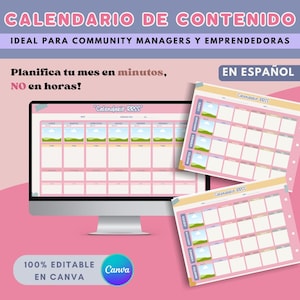 Puede incluir: Plantilla de calendario de contenido rosa y blanco con el texto "CALENDARIO DE CONTENIDO" y "Planifica tu mes en minutos, NO en horas!". La plantilla es editable en Canva e incluye una pantalla de ordenador y dos calendarios impresos.