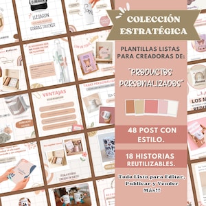 Pode incluir: Imagem promocional com um layout de grade mostrando vários produtos, incluindo canecas, cadernos e caixas de presente. A imagem apresenta texto em espanhol, destacando uma coleção de modelos para criadores de produtos personalizados.