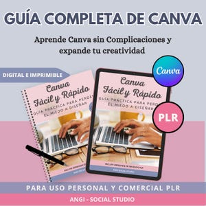 Puede incluir: Una guía de marketing digital titulada "GUÍA COMPLETA DE CANVA" con el texto "Aprende Canva sin Complicaciones y expande tu creatividad." La imagen presenta una tableta y un cuaderno de espiral, ambos mostrando el título "Canva Fácil y Rápido."