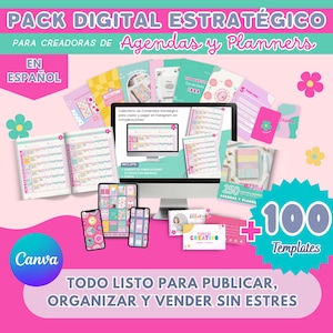 May include: A digital pack for planners and agendas, with a computer screen, tablets, and smartphones displaying colourful templates. The image includes text in Spanish, with the Canva logo and the words "100 Templates".
