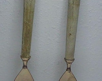 Vtg Salad Server Set Hammered Plated Copper, Wood Handles MCM 13.25"