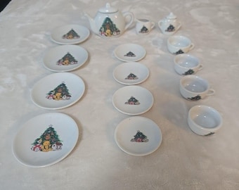 VTG Miniature China Tea Set 17 Piece Girls Porcelain Bear and Christmas Tree