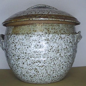 May include: A speckled ceramic pot with a lid. The pot is primarily white with brown and black speckles, and a band of tan and brown near the top. It has two handles and a matching lid with a handle.