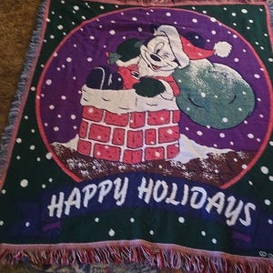 Disney Mickey Mouse Santa Cotton Blanket / Wall Hanging 60 X 50 Happy Holidays! image 1
