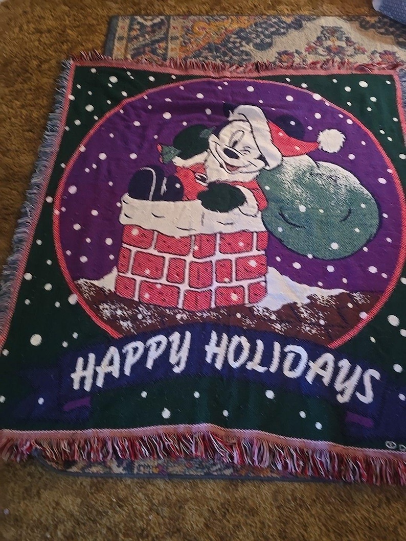 Disney Mickey Mouse Santa Cotton Blanket / Wall Hanging 60 X 50 Happy Holidays! image 1