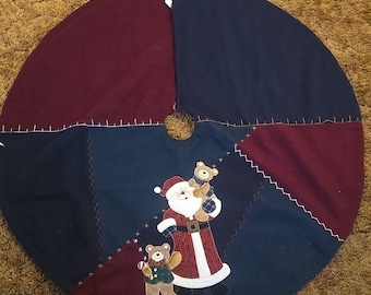 Vintage Felt Santa Christmas Tree Skirt 43" Blue Green Burgundy PreOwned