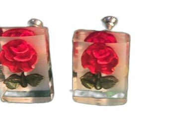 VINTAGE Lucite Reverse Carved Red Rose Screw-back Earrings 1950s