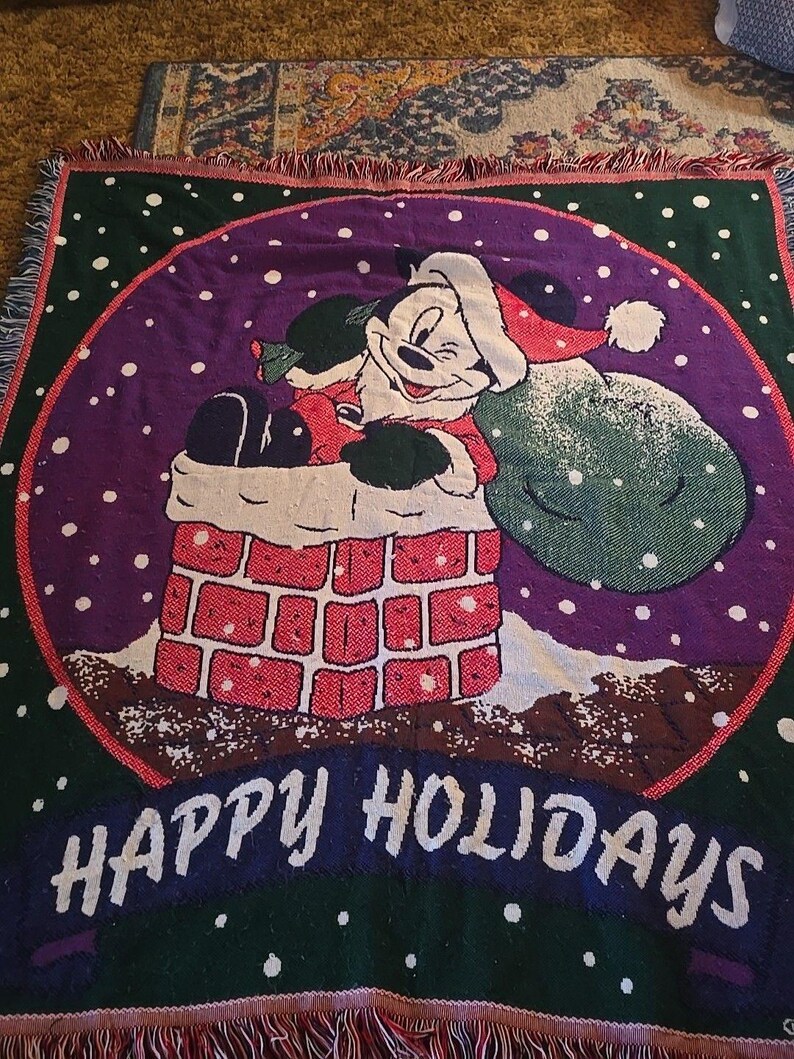 Disney Mickey Mouse Santa Cotton Blanket / Wall Hanging 60 X 50 Happy Holidays! image 3