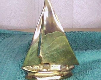 Vintage Miniature Solid Brass Sailboat Paperweight Desk Art MCM