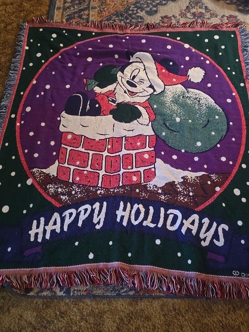Disney Mickey Mouse Santa Cotton Blanket / Wall Hanging 60 X 50 Happy Holidays! image 2