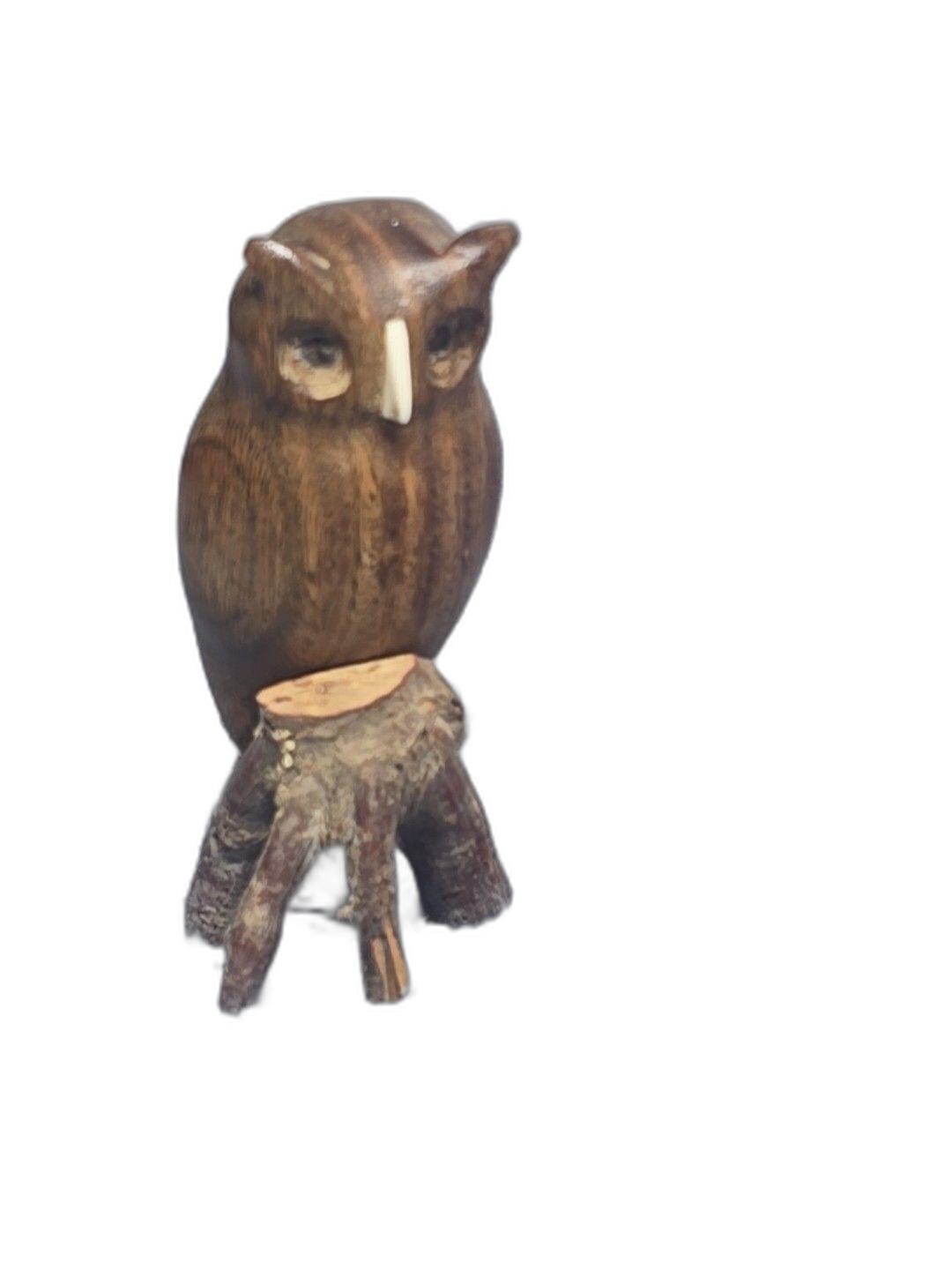 Vintage Hand Carved Wooden Owl Figure On Branch Decor Bird Statue  3"