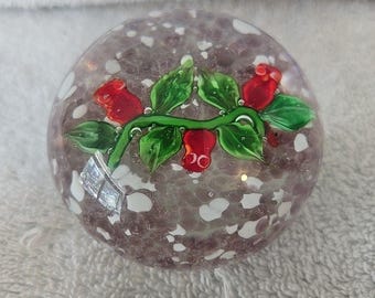 Vintage Blown Art Glass Paperweight Orb Red Roses Green Stem