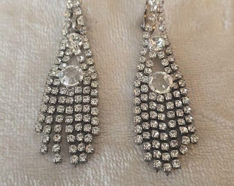 Vintage Rhinestone Drop Down Clip On Earrings