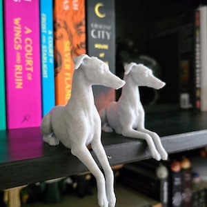 May include: Two light grey, speckled, 3D-printed greyhound figurines in a sitting position with their front legs hanging over the edge of a shelf. The dogs have slender bodies, pointed ears, and elongated snouts, positioned in front of a row of books.