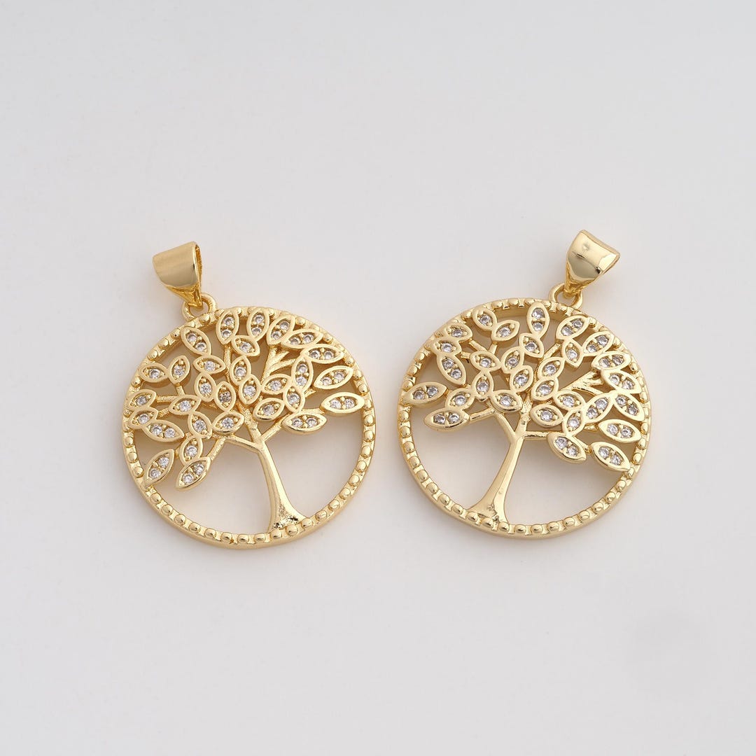 Gold CZ Tree of Life Pendant,18k Gold Filled Round Charms for DIY ...